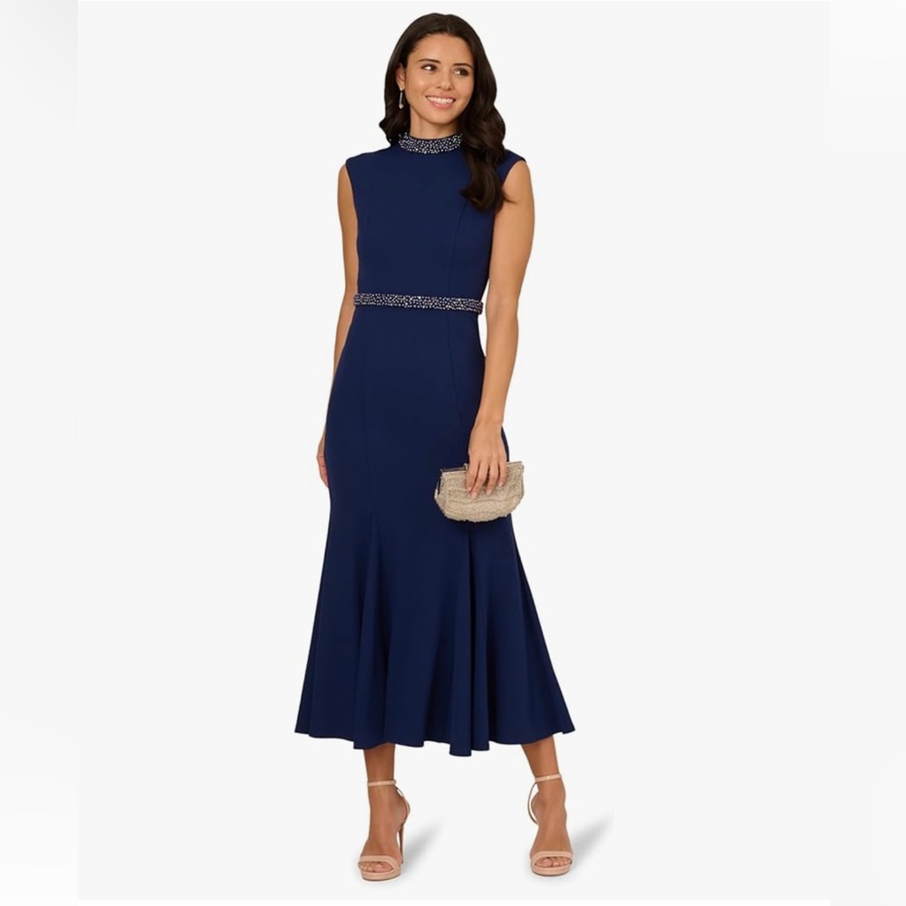 Adrianna Papell Navy Midi Dress with Beaded Trim